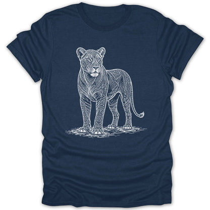 Navy t-shirt with a white line drawing of a lioness with intricate patterns on its body.