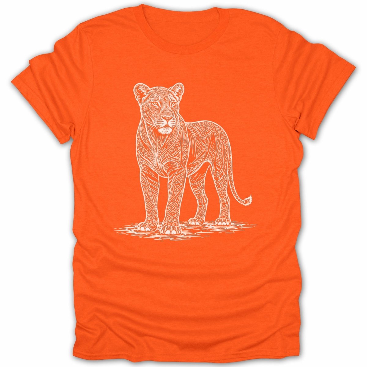 Orange t-shirt with a white line drawing of a lioness with patterned fur.