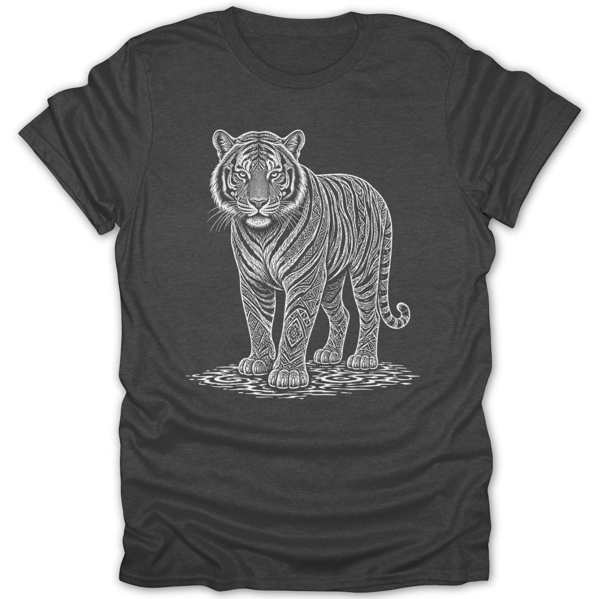 White line art tiger with patterned body on a charcoal t-shirt.