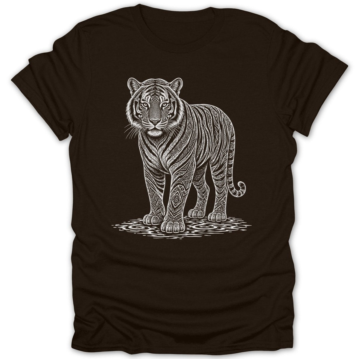 White tiger illustration with intricate patterns on a dark brown t-shirt.