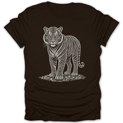 White tiger illustration with intricate patterns on a dark brown t-shirt.