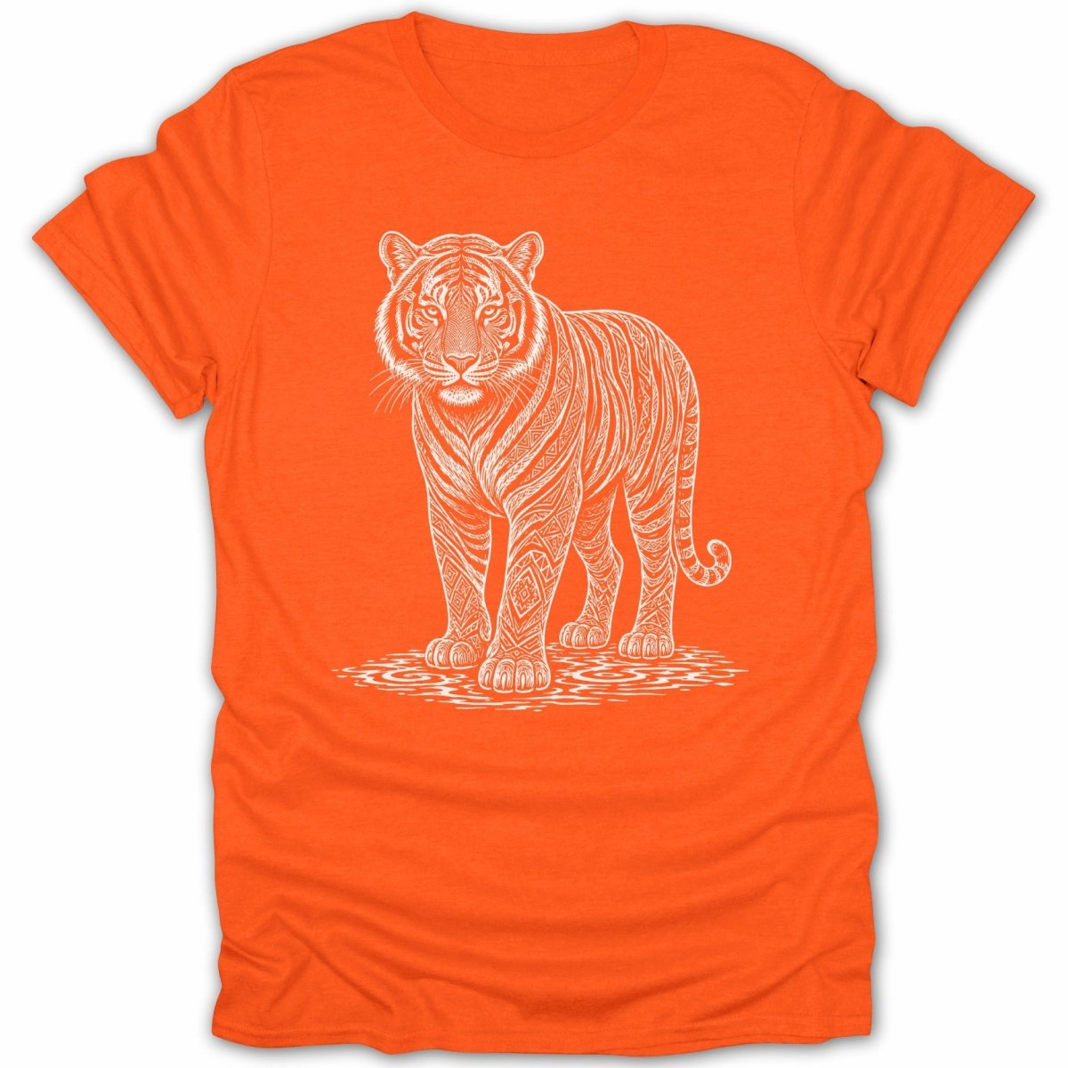 Orange t-shirt with a white line art tiger design standing on water.