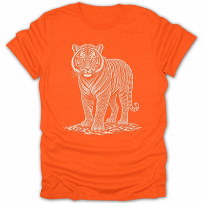 Orange t-shirt with a white line art tiger design standing on water.
