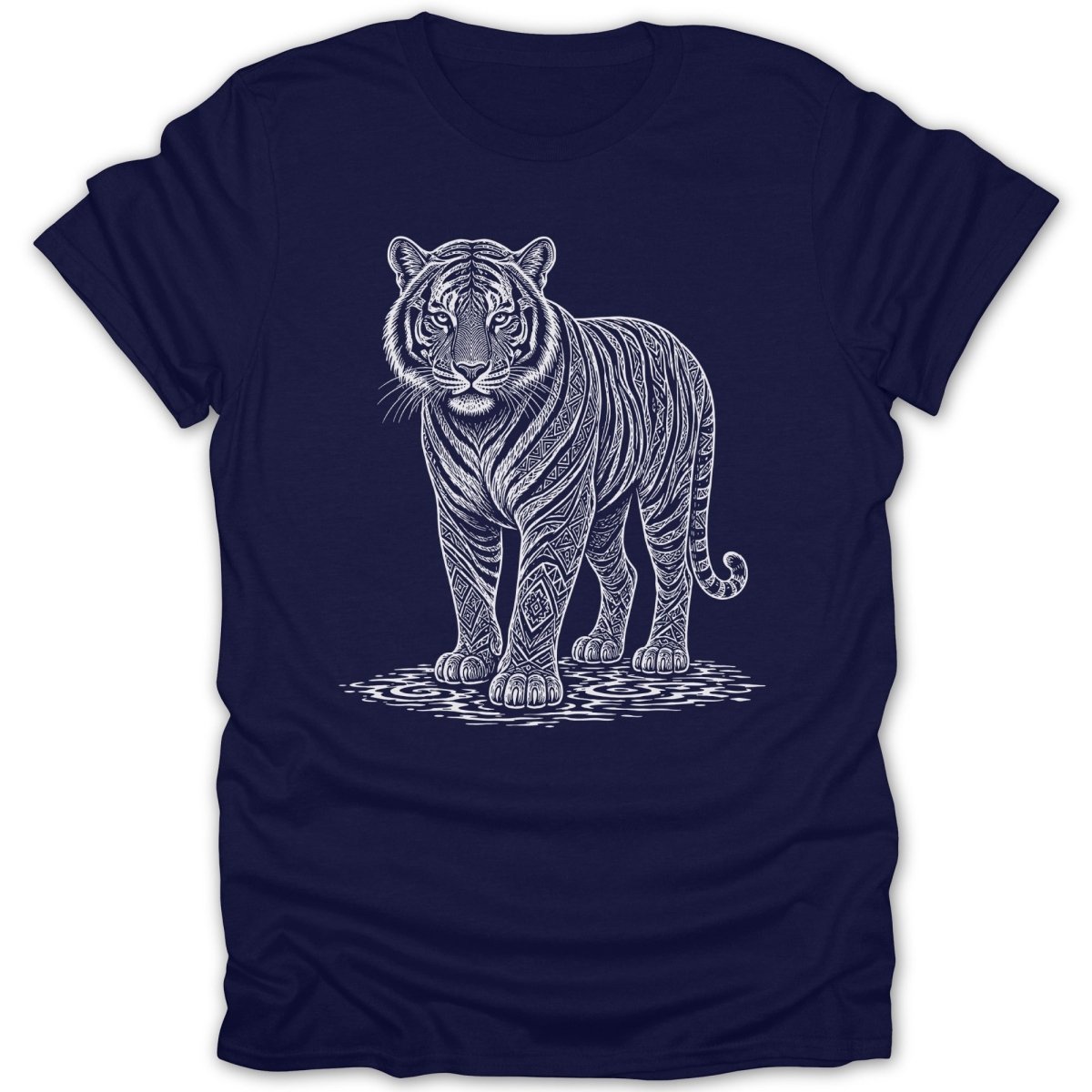 White tiger design with intricate patterns on a navy blue t-shirt.