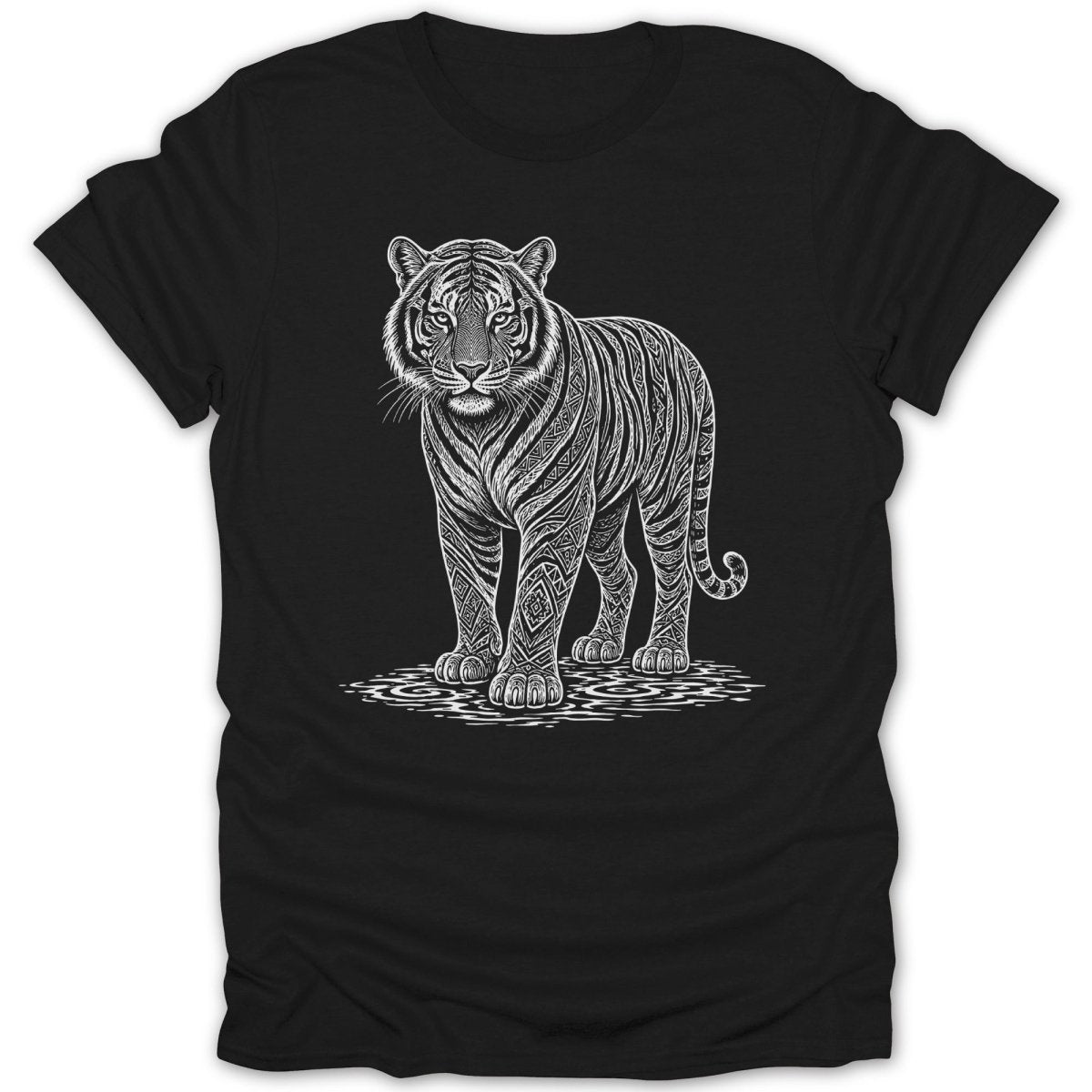 Black t-shirt featuring a white line-art tiger with intricate tribal patterns.