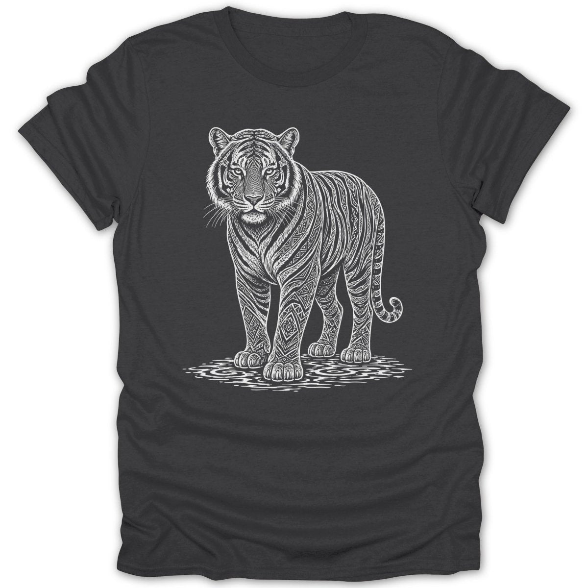 Dark t-shirt with white detailed line art of a tiger with tribal patterns.