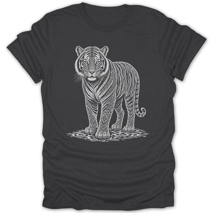 Dark t-shirt with white detailed line art of a tiger with tribal patterns.