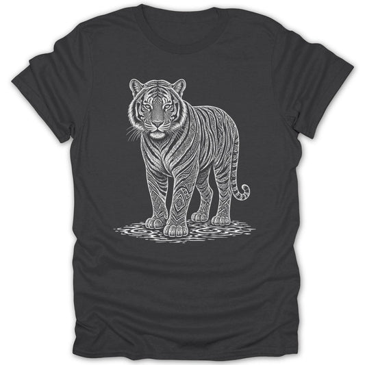 Dark t-shirt with white detailed line art of a tiger with tribal patterns.