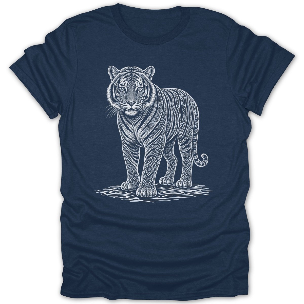 White ornate tiger design on a navy blue t-shirt.