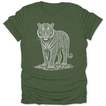 A stoic tiger with patterned stripes stands on rippling water.