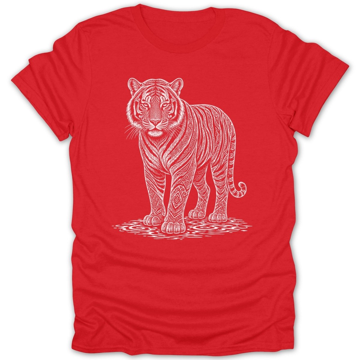 Red t-shirt with a white line drawing of a tiger with ornamental patterns.