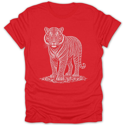 Red t-shirt with a white line drawing of a tiger with ornamental patterns.
