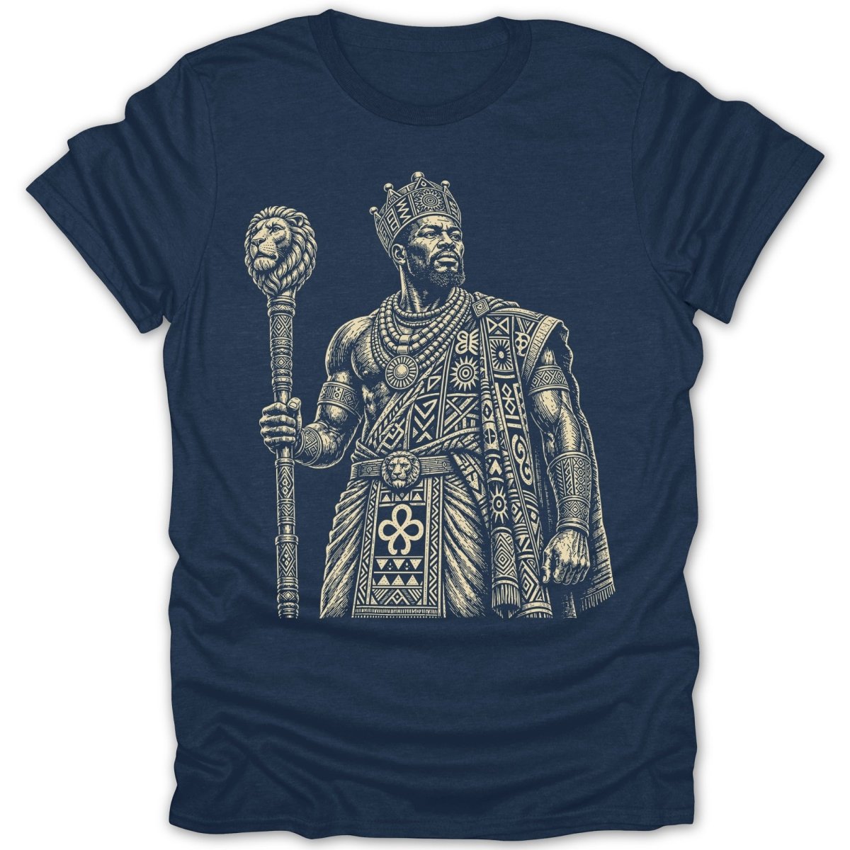 Line art of a crowned king holding a staff with a lion head on a navy t-shirt.
