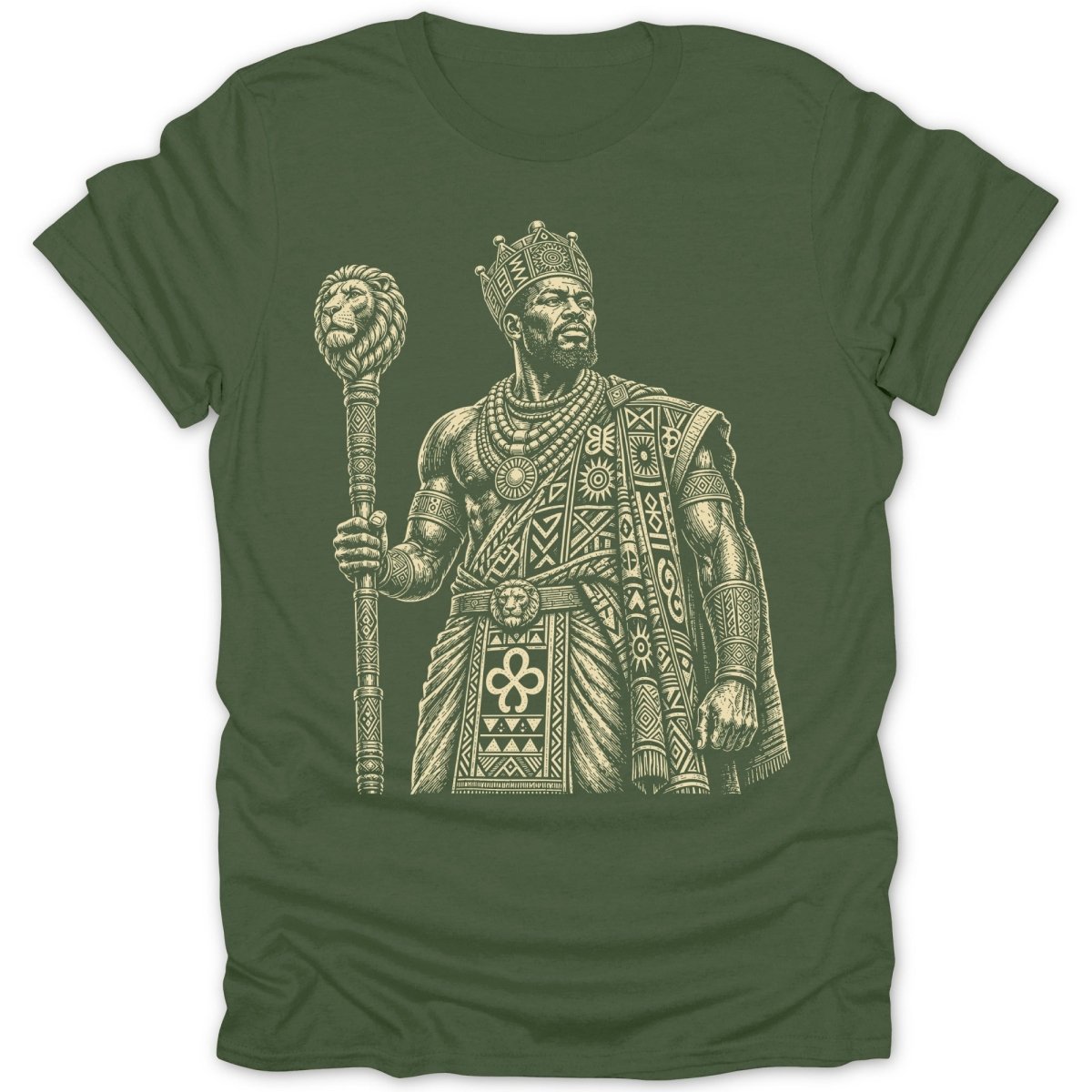 King holding a staff with lion head, wearing crown and patterned robes.