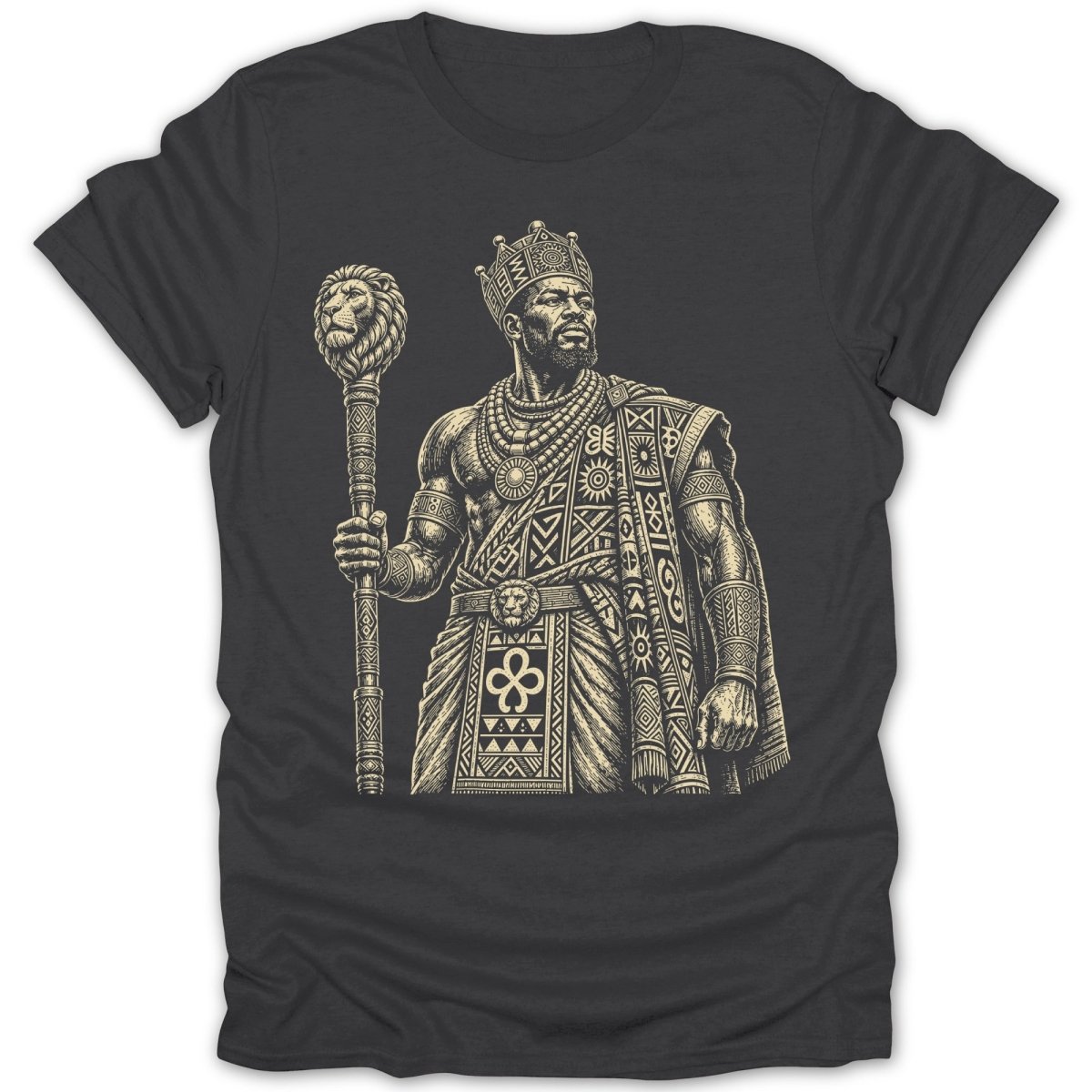 Black t-shirt with a line drawing of a crowned king holding a lion-headed scepter.