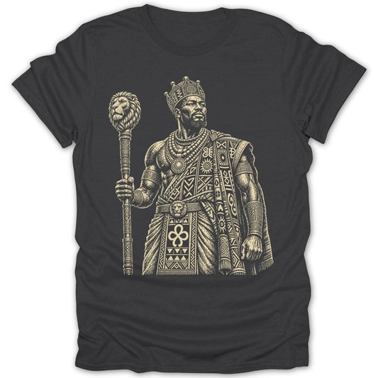 Black t-shirt with a line drawing of a crowned king holding a lion-headed scepter.