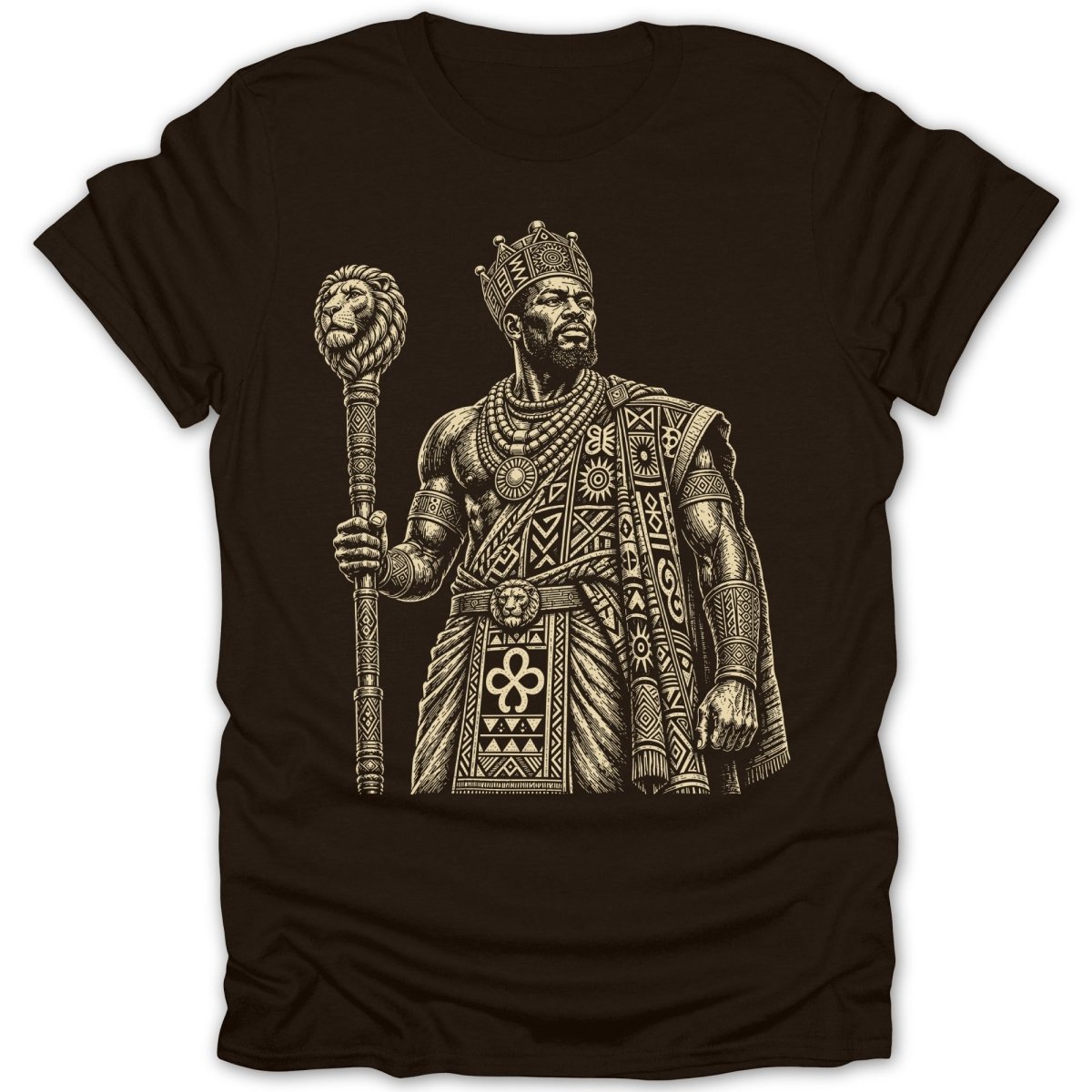 T-shirt with a king holding a lion-topped staff wearing ornate African-inspired attire.