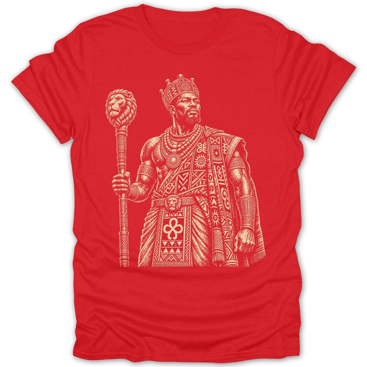 Engraving of a crowned man in traditional regalia holding a lion-topped staff.