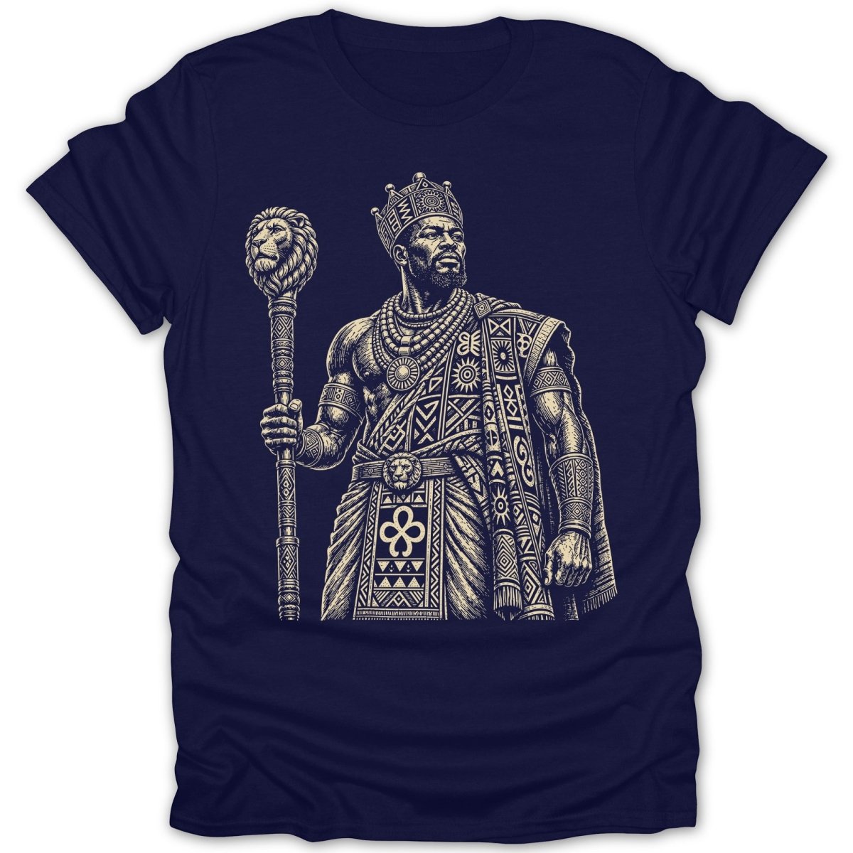 Illustration of a king holding a lion-headed staff, wearing a crown and ornate garments.