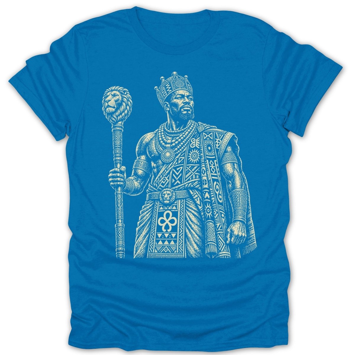 Blue t-shirt featuring a line art depiction of a crowned king with a lion-topped staff.