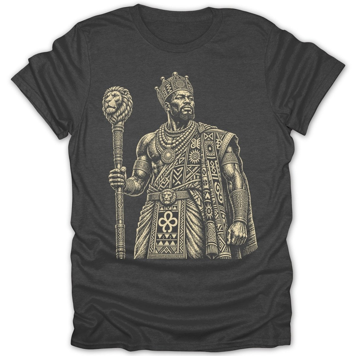 T-shirt with a king holding a staff topped with a lion, adorned in intricate patterns.