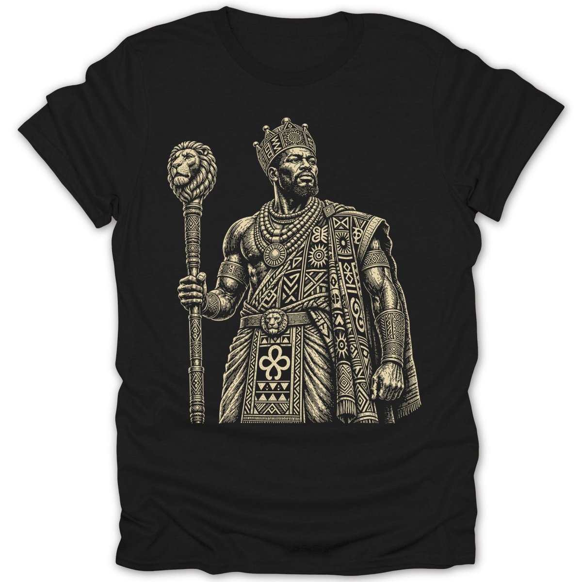 Line art illustration of a king wearing a crown and ornate clothing, holding a lion-headed scepter.
