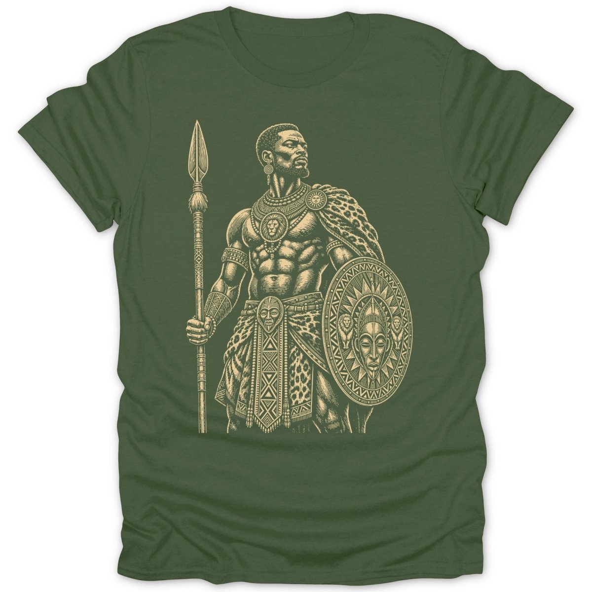Warrior with spear and patterned shield on a green t-shirt.