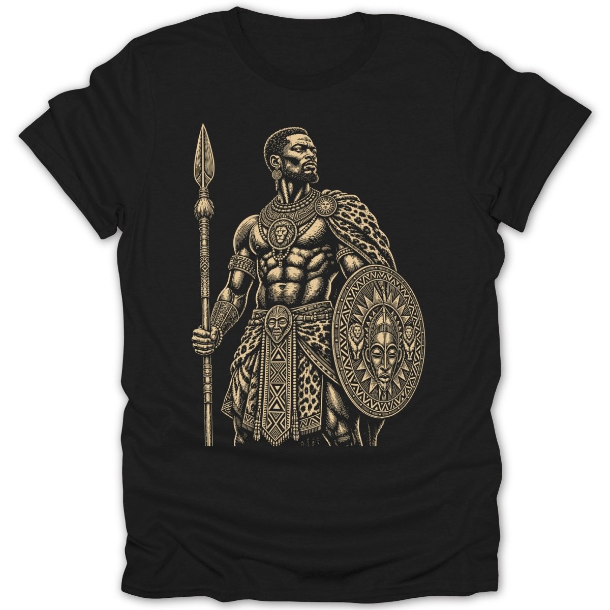 Illustration of warrior with spear and shield on black t-shirt.