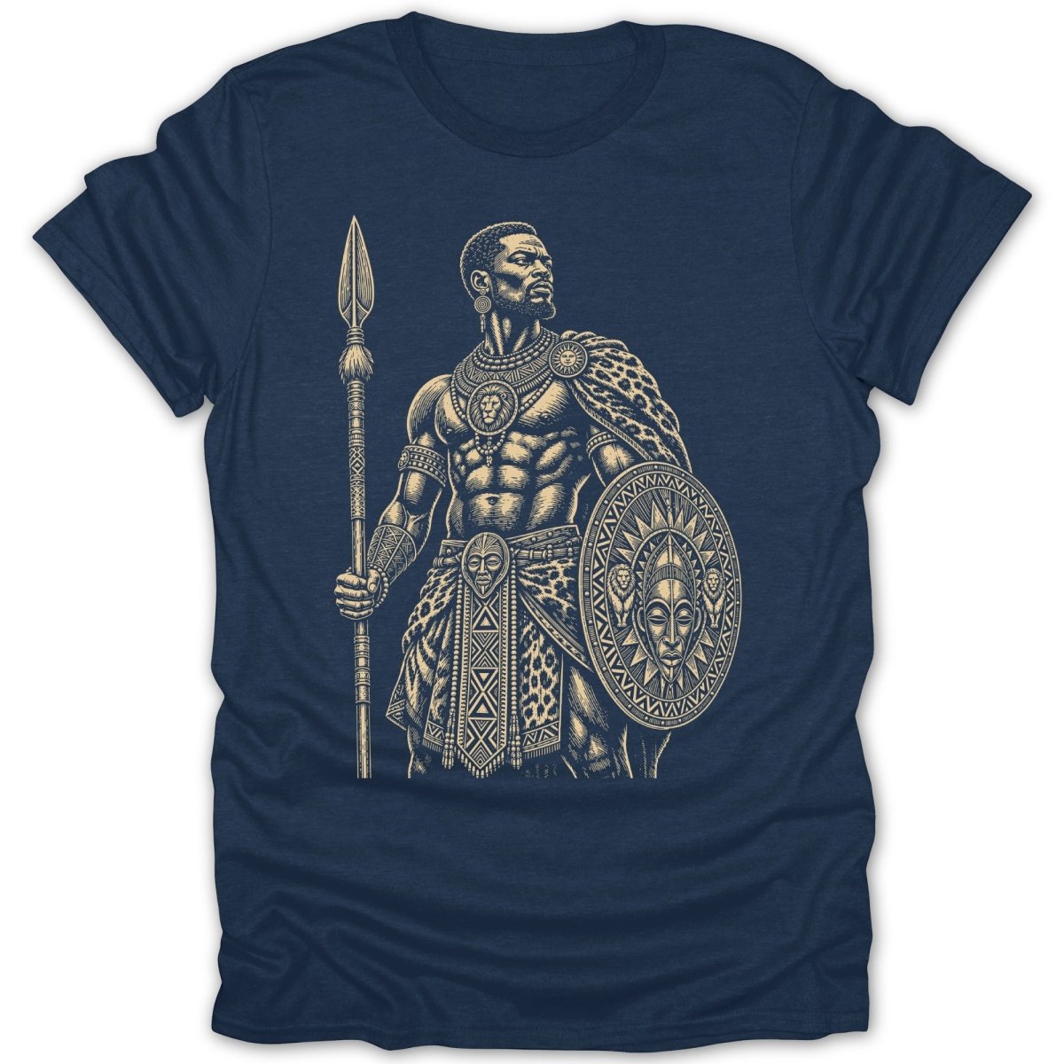 T-shirt with tan illustration of a warrior holding a spear and shield.