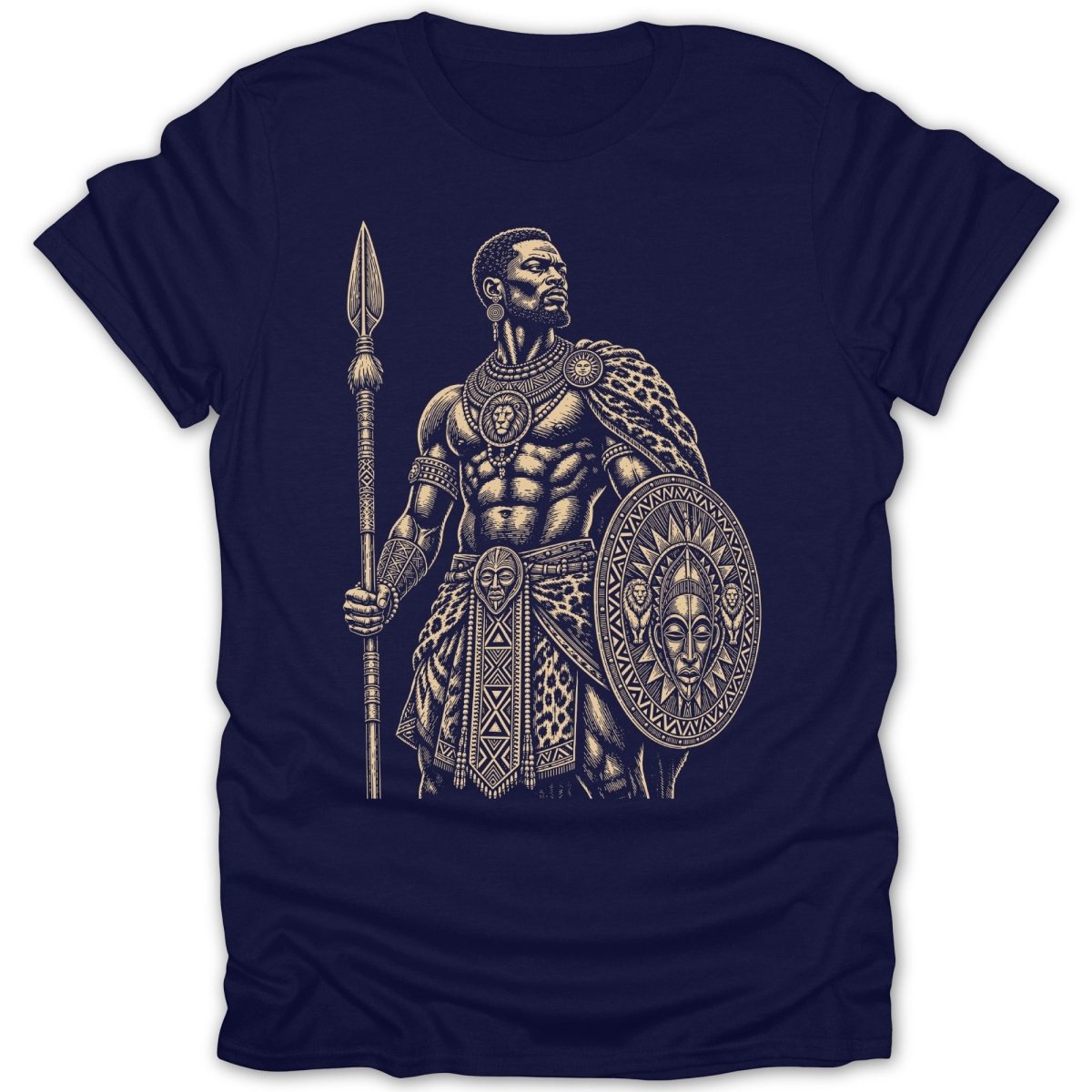 T-shirt with black graphic of a tribal warrior holding a spear and shield.