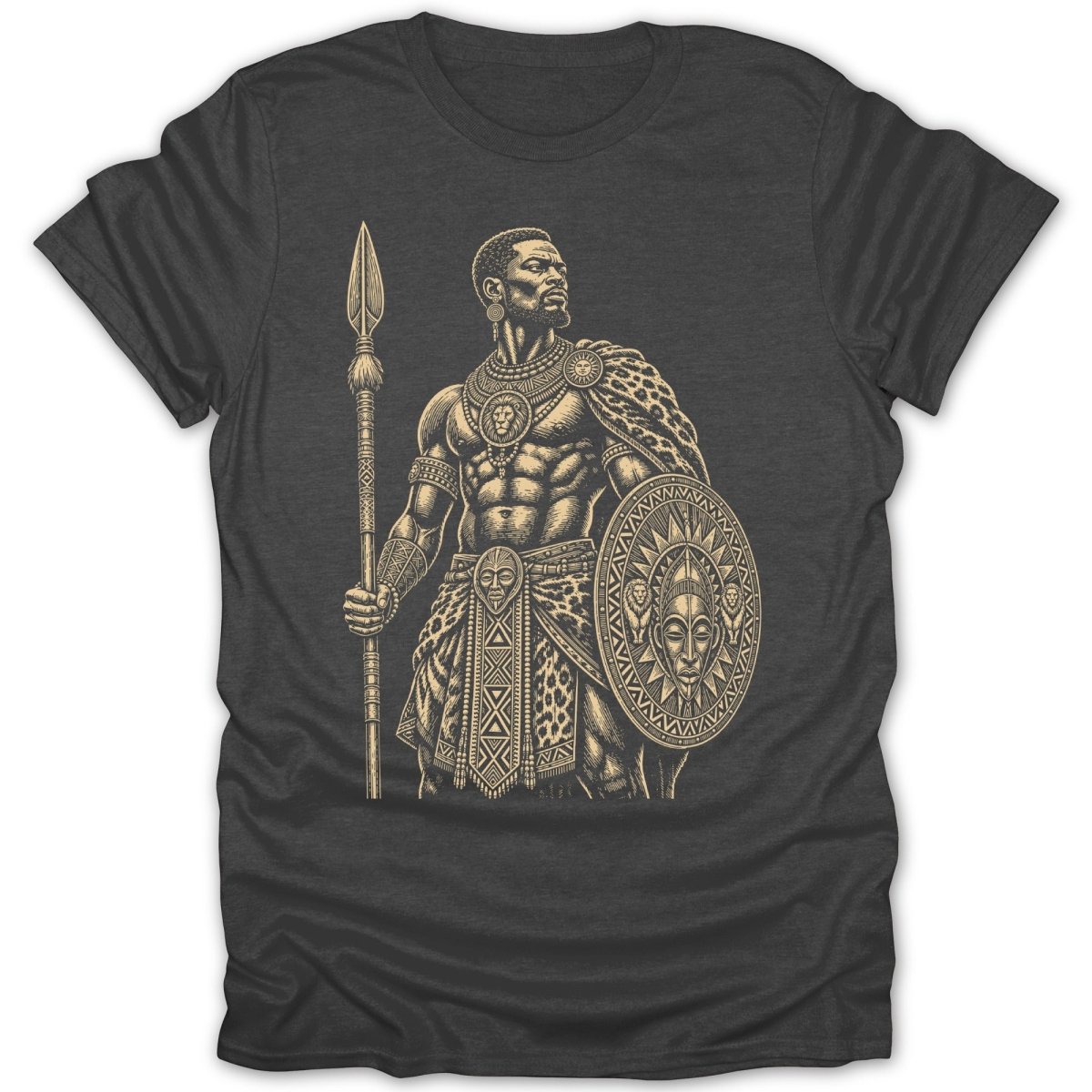 T-shirt with sepia drawing of a muscular African warrior holding spear and shield.