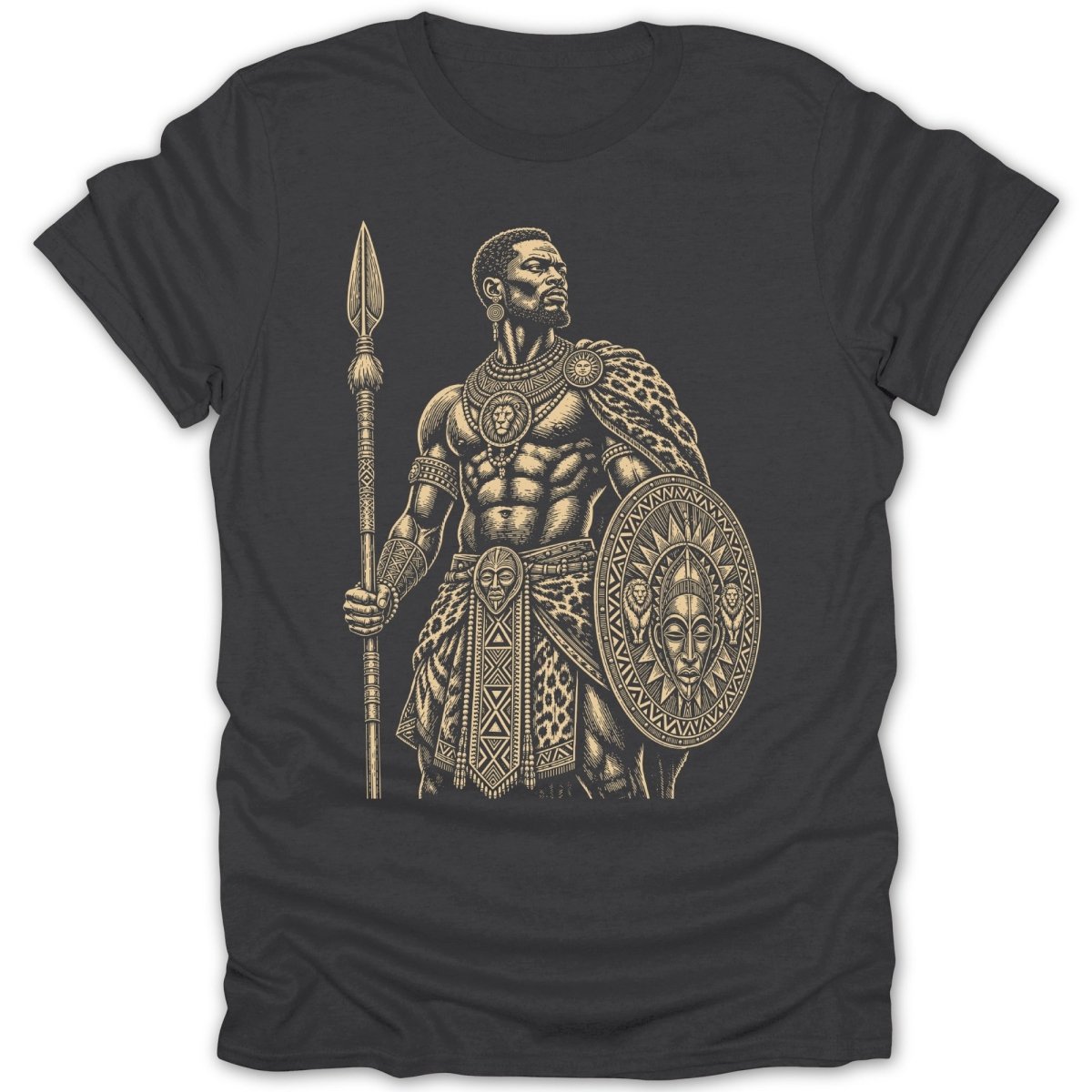 Engraved warrior with spear and shield on a dark t-shirt.