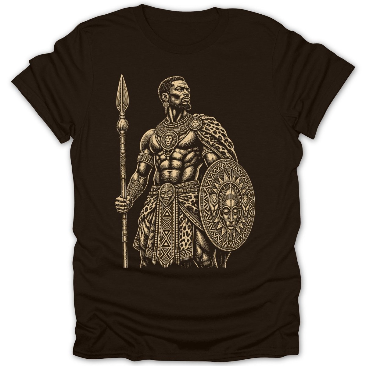 T-shirt print of a tribal warrior holding a spear and shield.