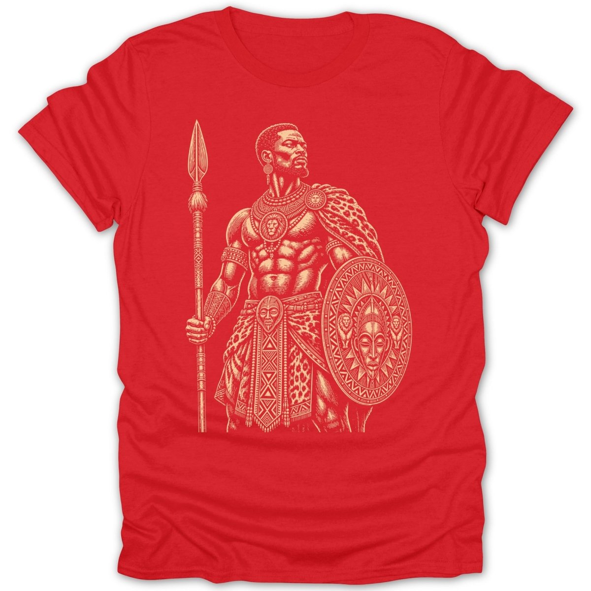 Red t-shirt with a detailed print of an armored warrior holding a spear and shield.