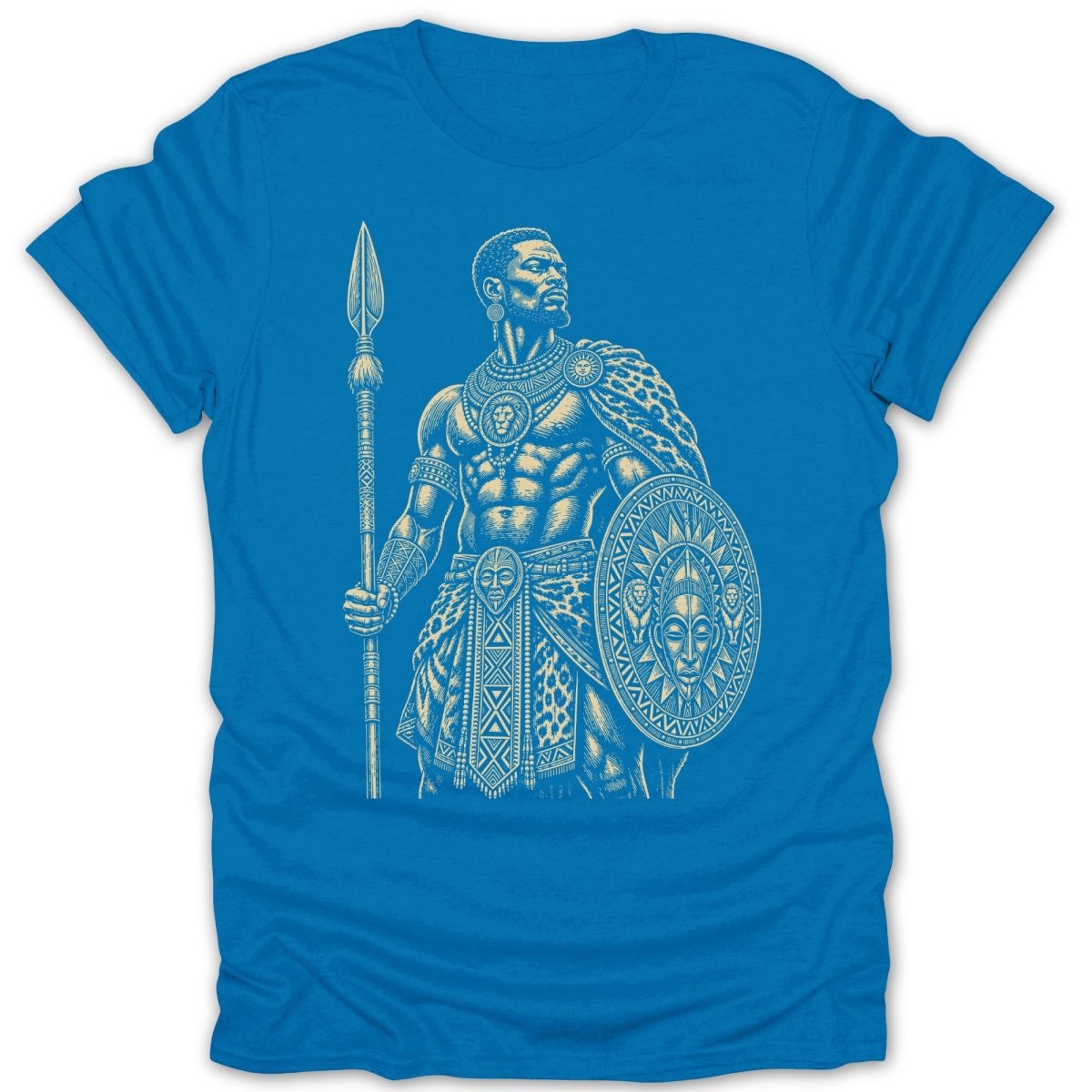 Warrior with spear and shield, detailed African tribal design on blue t-shirt.