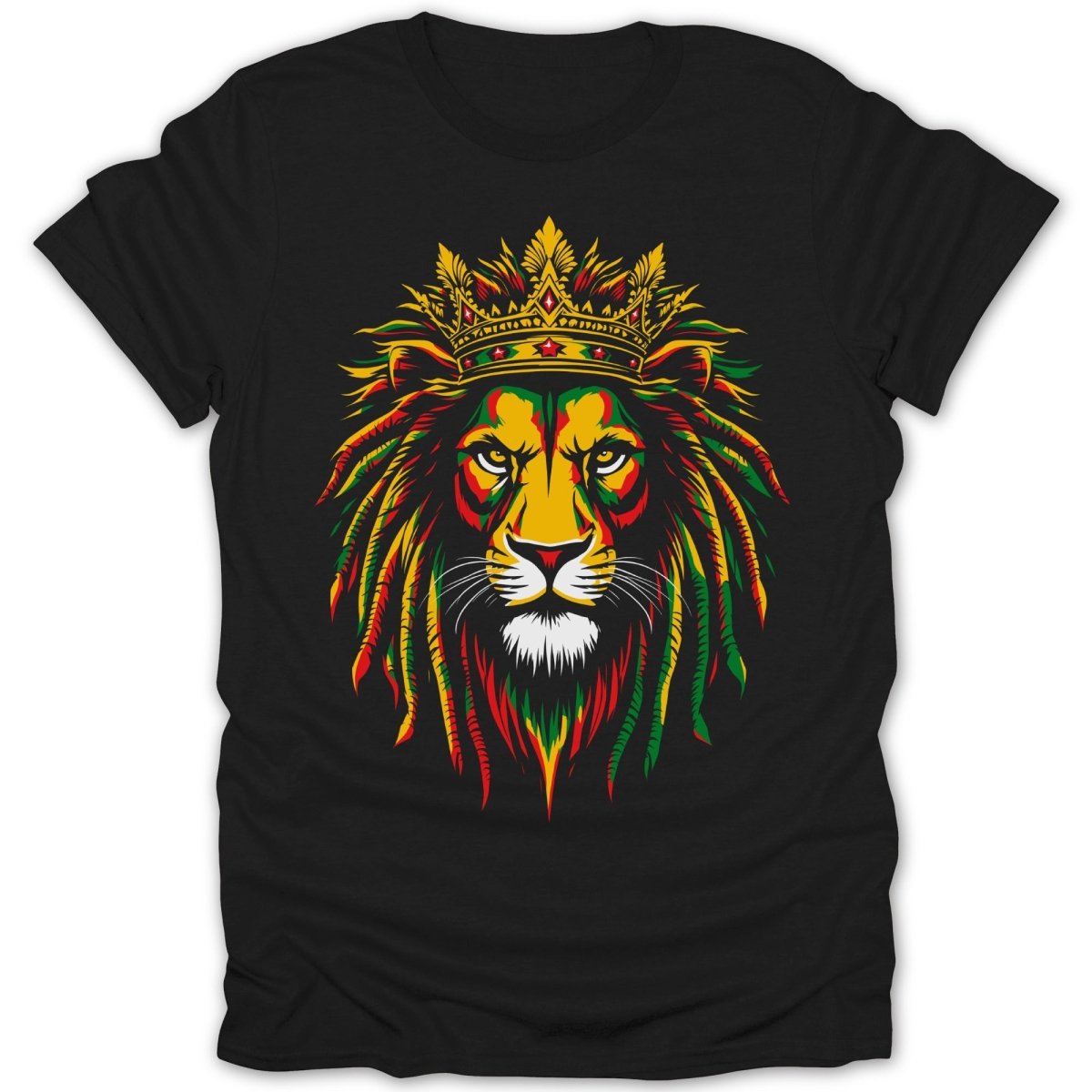Black t-shirt with a crowned lion head design in red, yellow, and green.