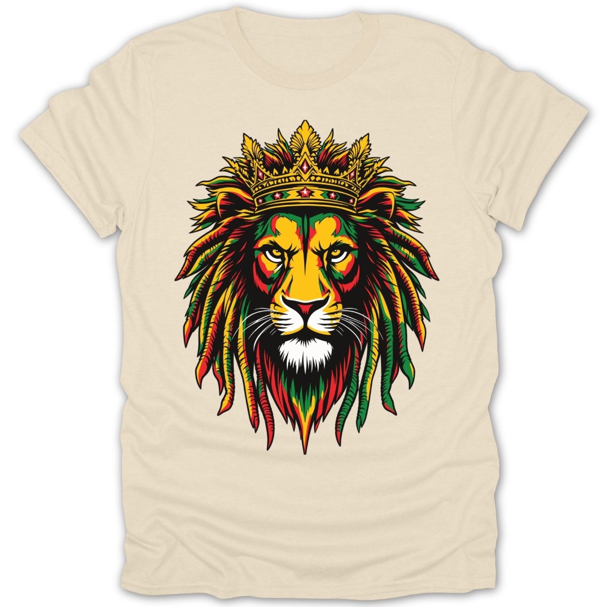 Lion graphic with a crown and dreadlocks in red, yellow, and green on a tan t-shirt.