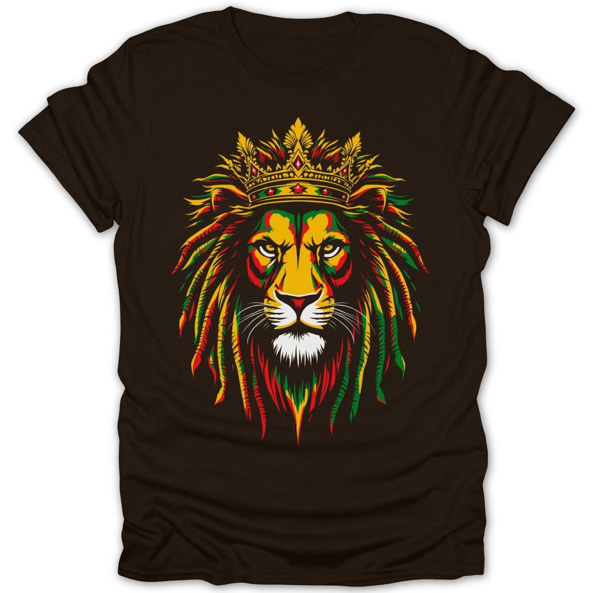 Rasta lion wearing a gold crown with red, yellow, and green mane.