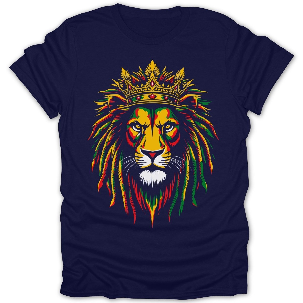 Navy t-shirt with a crowned lion's head graphic in red, yellow, and green.