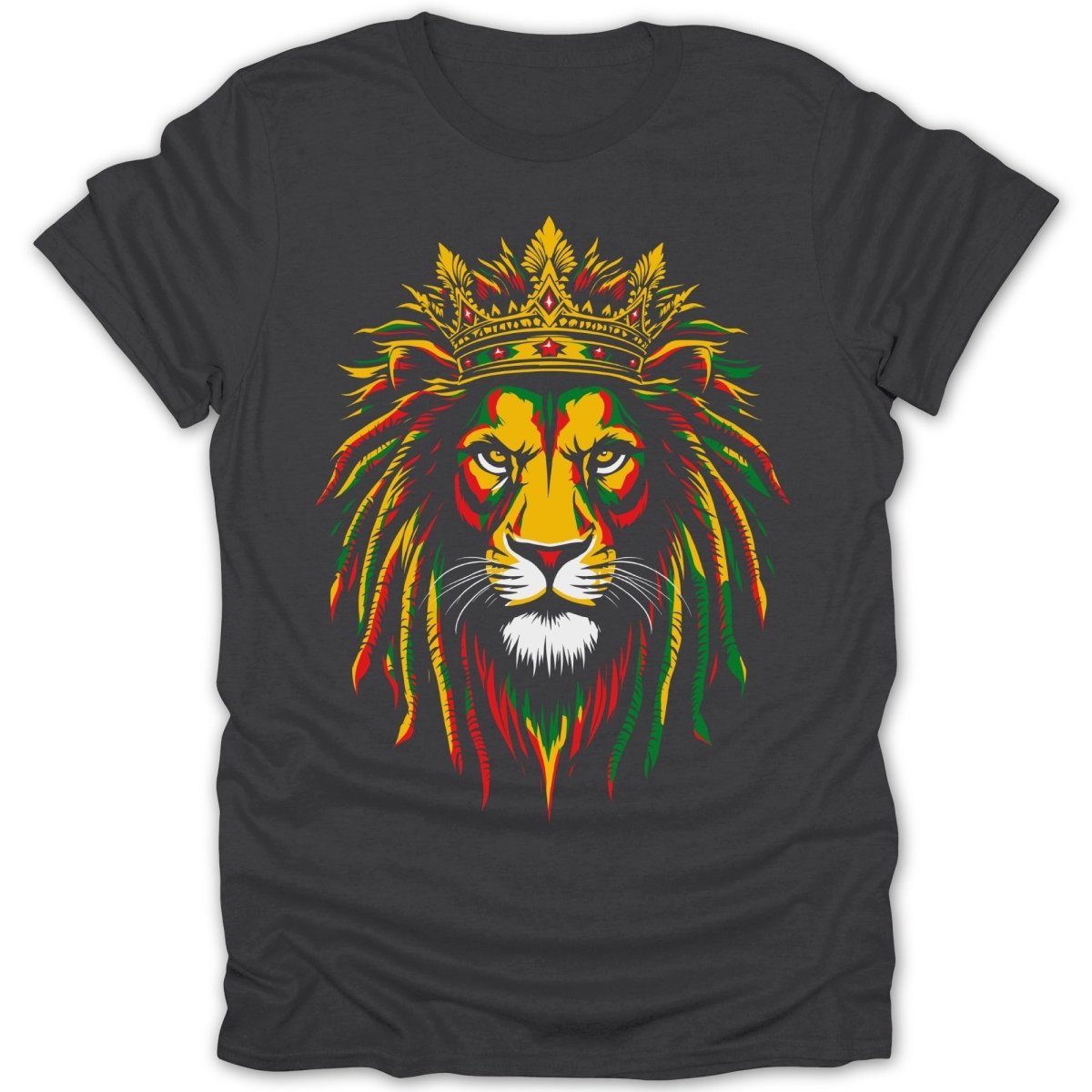 Lion with crown, in red, yellow, and green rasta colors on a dark t-shirt.