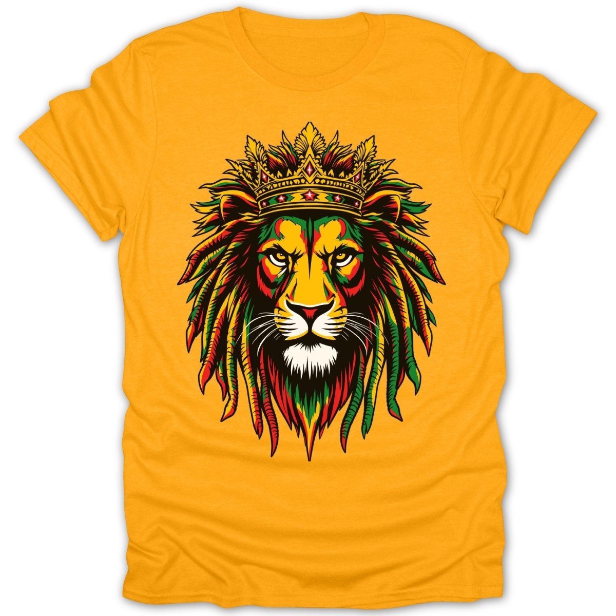 Yellow t-shirt with a colorful lion wearing a crown and dreadlocks.