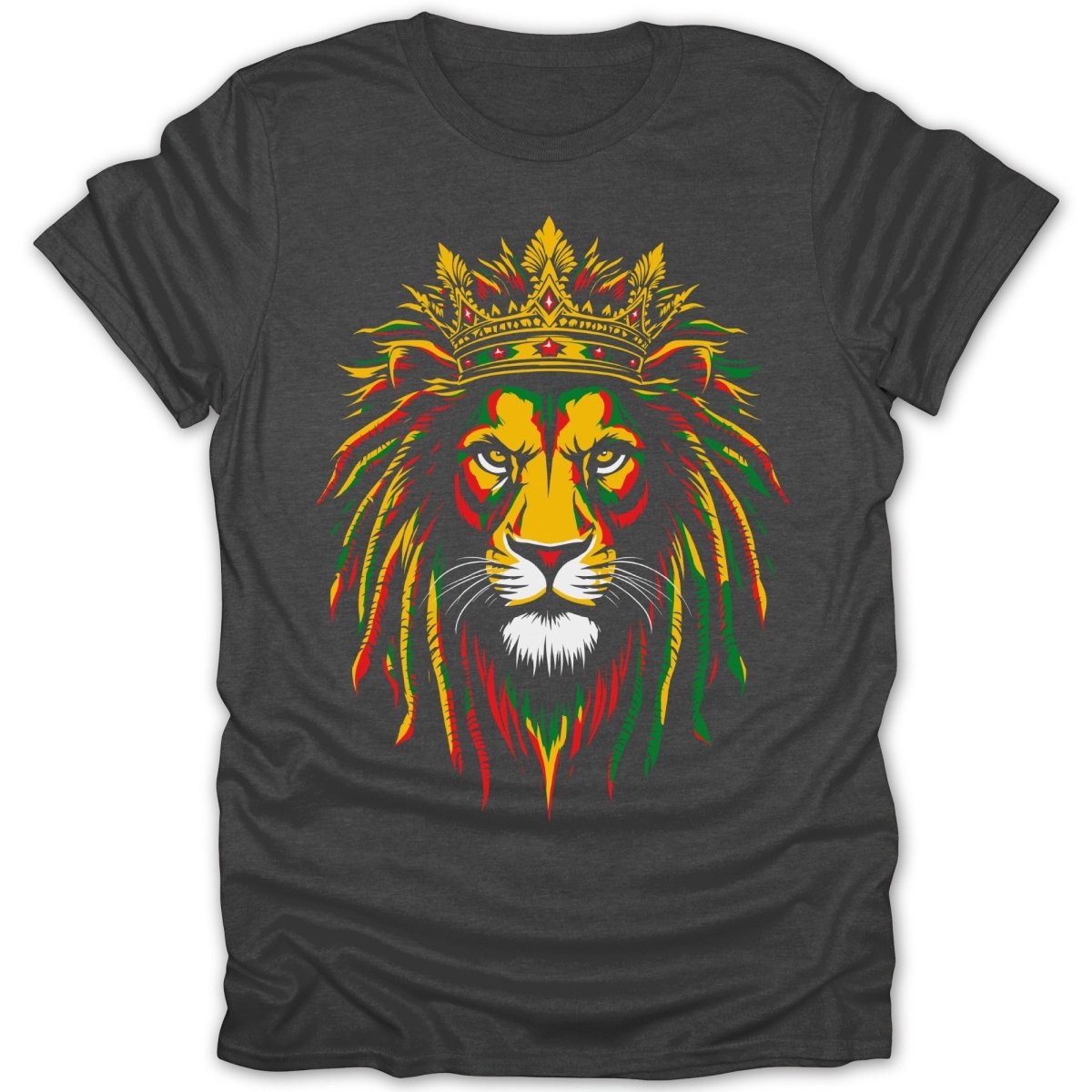 Dark gray t-shirt with a stylized lion wearing a crown and sporting red, yellow, and green dreadlocks.
