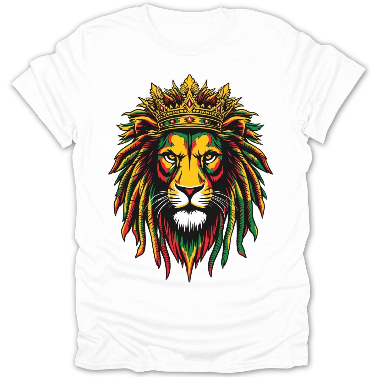 White t-shirt with a crowned lion's head featuring rasta-colored dreadlocks.