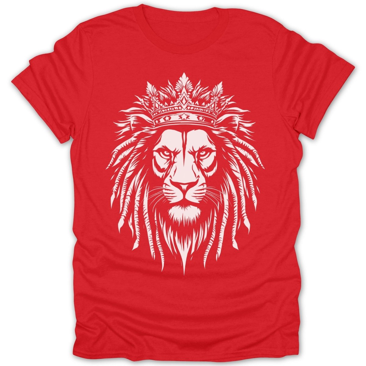 Red t-shirt with a white illustration of a lion wearing a crown.