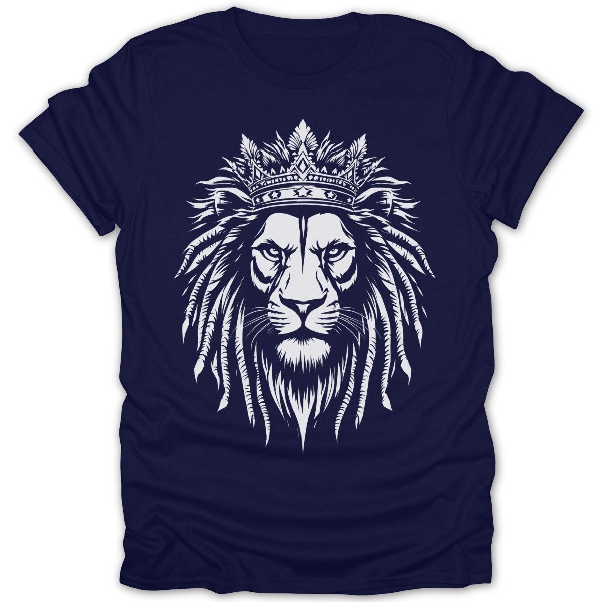 White lion head with crown and mane design on a navy blue t-shirt.