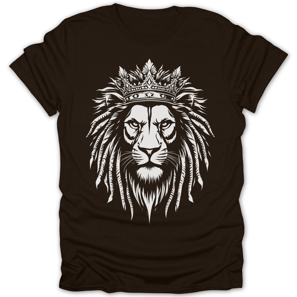 White graphic of a lion wearing a crown on a brown t-shirt.
