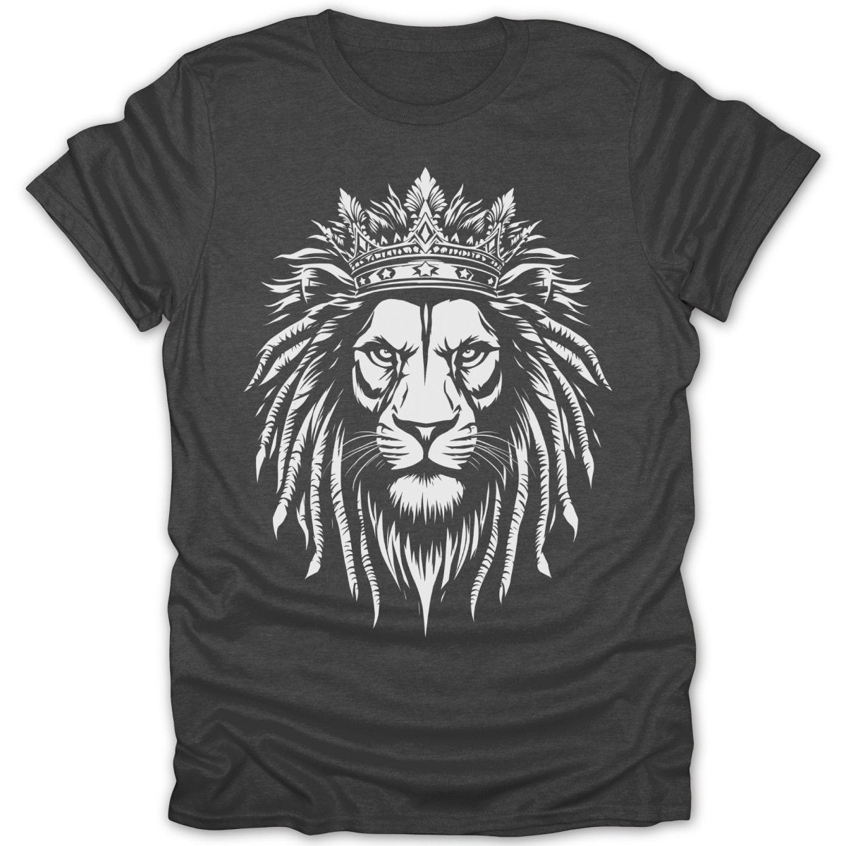Dark gray t-shirt with a white graphic of a lion wearing a crown.