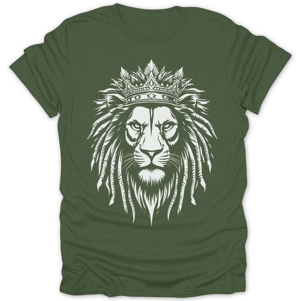 Green t-shirt with a white crowned lion face graphic.