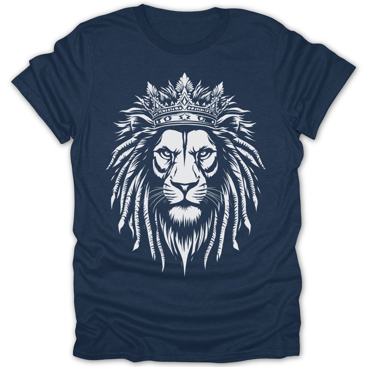 White lion with a crown and feathered mane on a navy blue t-shirt.