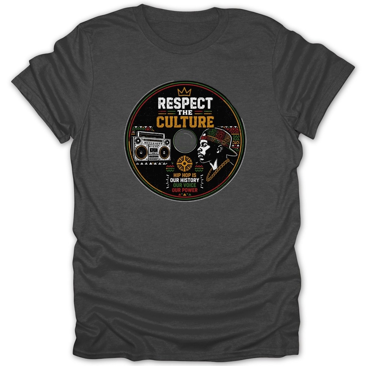 Dark t-shirt with circular hip hop design featuring a boombox, man, and text.